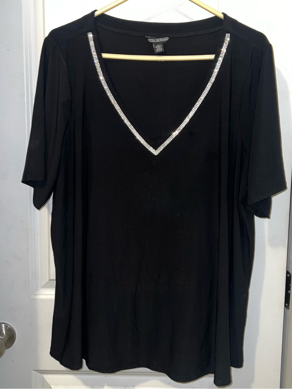 Nina Leonard Black V-Neck Short Sleeve Top with Rhinestone Trim
